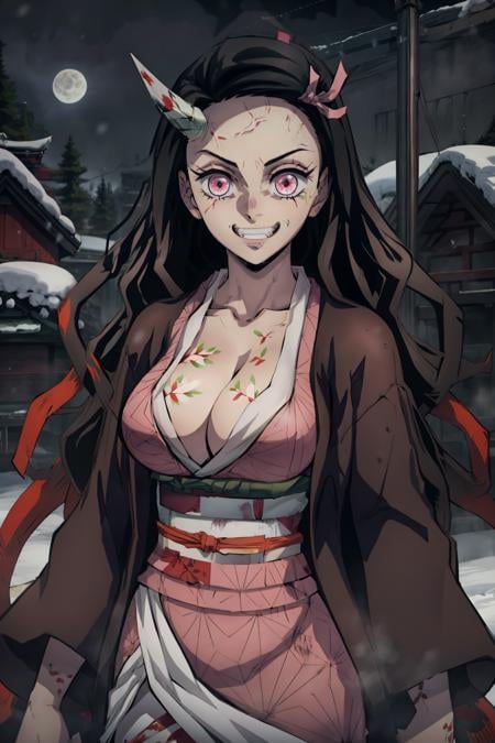 masterpiece, best quality, 1girl, <lora:Nezuko Kamado-000008:0.9>enragednezuko, single horn, veins, pink kimono, cracked skin, large breasts, cleavage, multicolored hair, evil grin, fingernails, looking at viewer, walking, in the snow, japanese temple, night, moon, upper body, <lora:more_details:0.3>