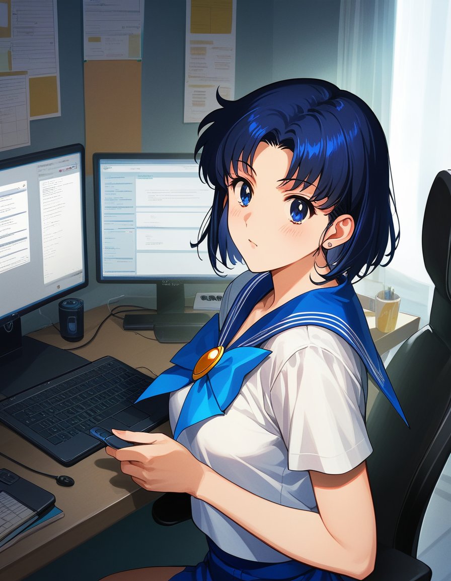 score_9, score_8, score_7, source_anime,rating_safe,1girl, solo,sailor mercury, blue hair, blue eyes, short hair,computer tower, working, officeart by mitsumi misato