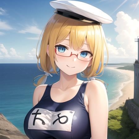 ((masterpiece)),(best quality),official art,extremely detailed CG,unity 8k wallpaper,ultra detailed,A lighthouse on a cliff by the sea,1girl,solo,upper body,(portrait:1.2),school_swimsuit,name_tag,blue_one-piece_swimsuit,blonde_hair,low_twintails,white_thighhighs,sailor_hat,semi-rimless_eyewear,blue_eyes,peaked_cap,red-framed_eyewear,large_breasts,looking_at_viewer,long_hair,smile,white_headwear,<lora:I8(kan)>,