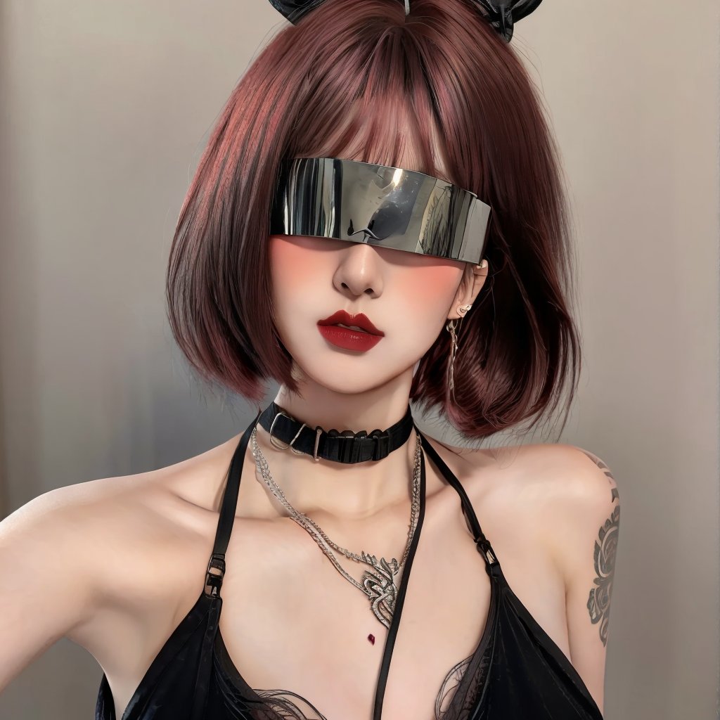 1girl,fair_skin,glamor,slender face,multicolored hair,makeup,fundoshi,eyeshadow,lipstick,light_blush,tattoo,ear_ornament,blindfold,(large breasts),bare shoulders,((halter dress)),<lora:giao-000010:0.8>,<lora:FF_Girl丨多风格lora_v1.0:0.6>,