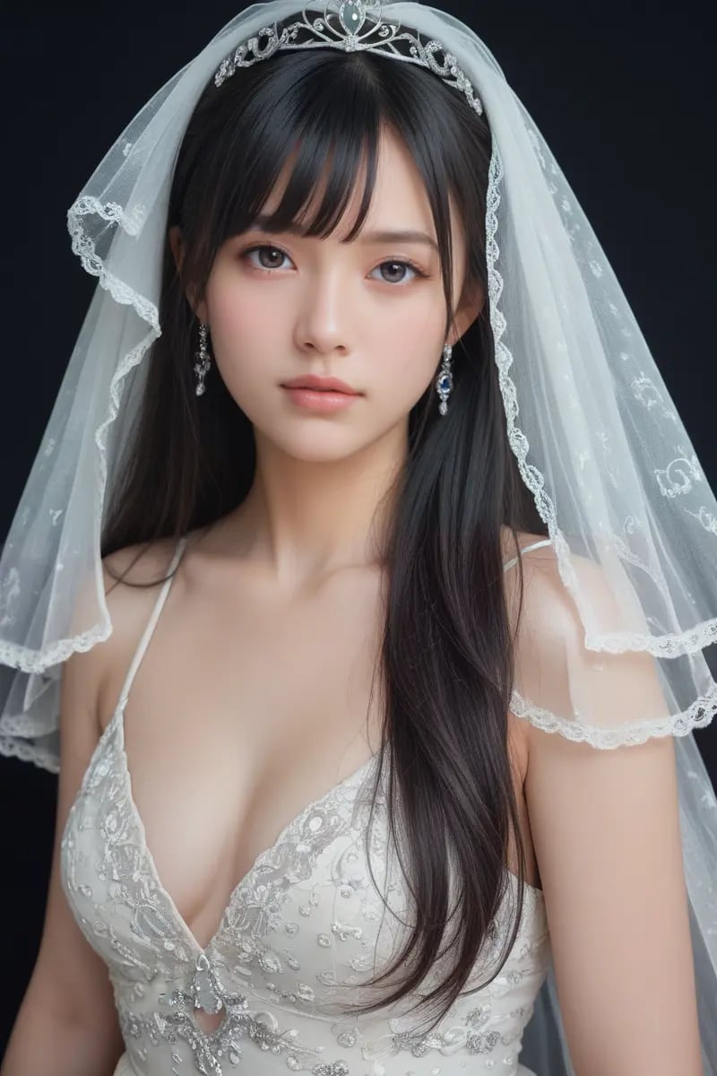 score_9,score_8_up,score_7_up,masterpiece, 1girl, 20 years old, 8k, hd, beautiful girl, black hair, long hair, blunt bang, straight hair, looking at viewer, front view, tiara, close-up of woman's face,detailed face, beautiful woman's face, shear dress, black background,