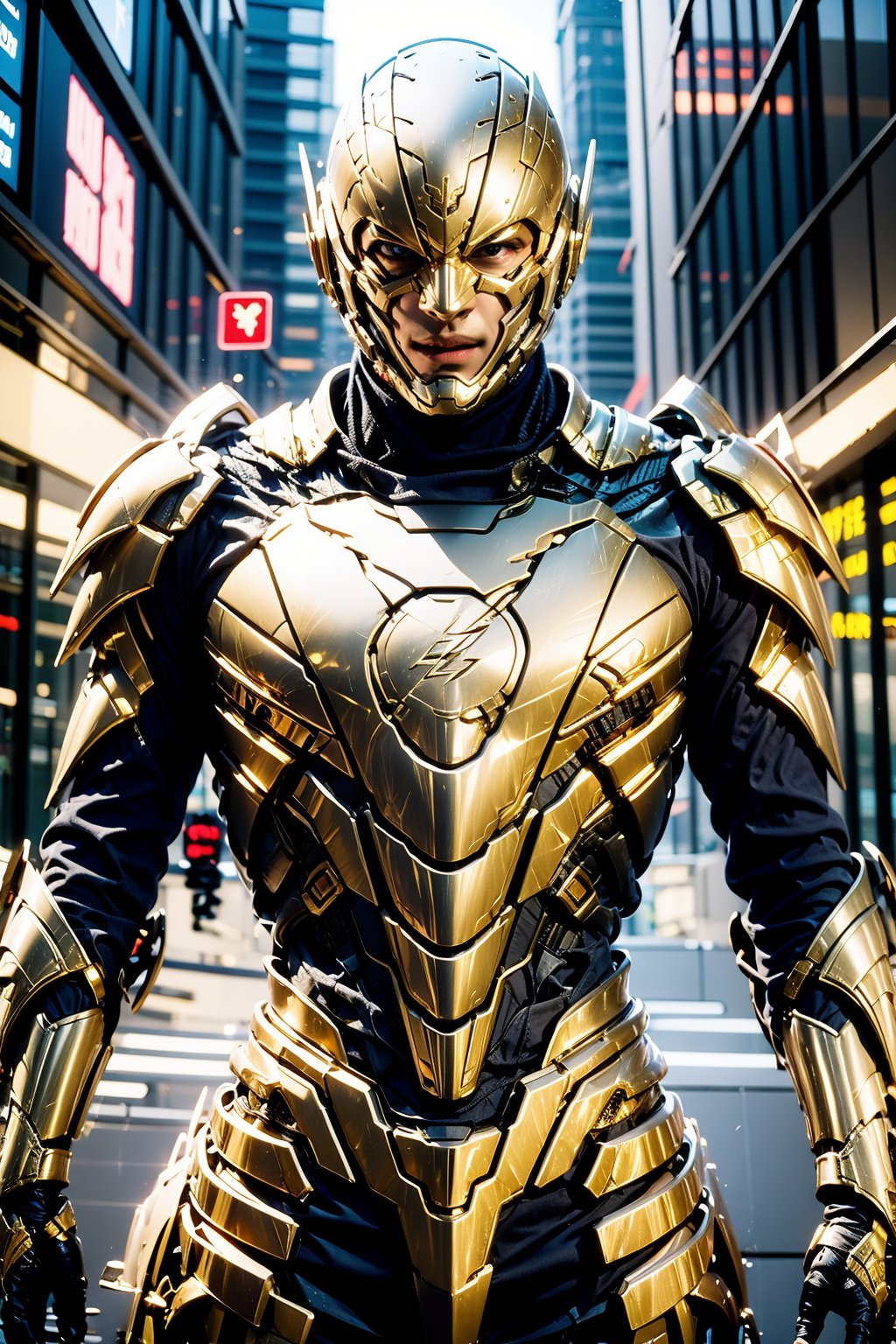 gold armor,outdoors,future street,flash