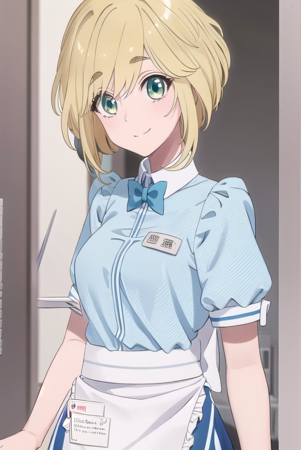 yuinishida, <lora:yui nishida s1-lora-nochekaiser:1>,yui nishida, short hair, blonde hair, (green eyes:1.3), ahoge, smile,BREAK shirt, bow, short sleeves, puffy sleeves, apron, blue shirt, name tag, waitress,BREAK indoors, restaurant,BREAK looking at viewer, (cowboy shot:1.5),BREAK <lyco:GoodHands-beta2:1>, (masterpiece:1.2), best quality, high resolution, unity 8k wallpaper, (illustration:0.8), (beautiful detailed eyes:1.6), extremely detailed face, perfect lighting, extremely detailed CG, (perfect hands, perfect anatomy),