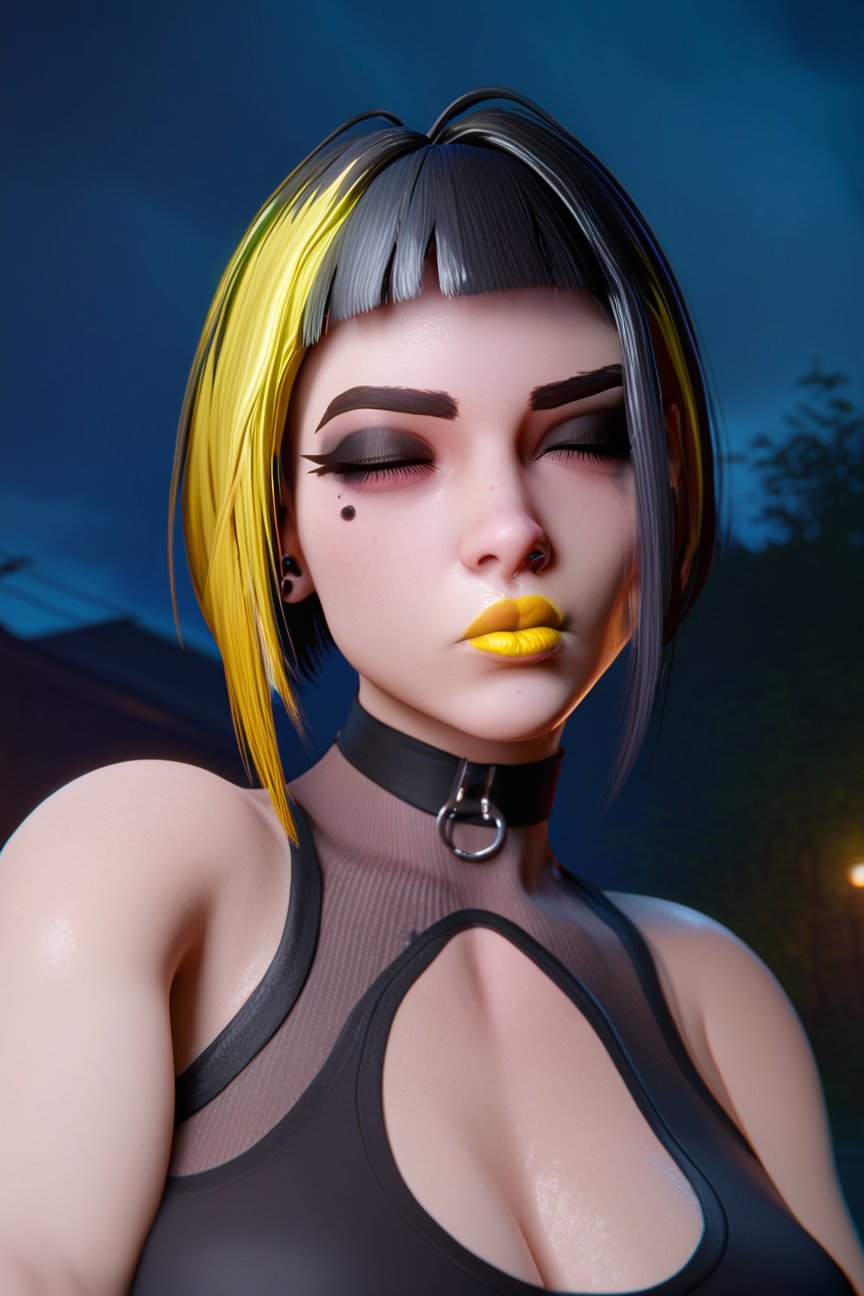 score_9, score_8_up, score_7_up, 3d style, goth girl, yellow eyes, bob cut, big lips, split-color hair, black hair, yellow hair, pale skin, big breasts, black eyeliner, dark makeup, yellow lipstick, fur coat, tank top, chest cutout, looking at viewer, closed mouth, half closed eyes, tired, face focus, close up, portrait, outdoors, night, best quality, high quality