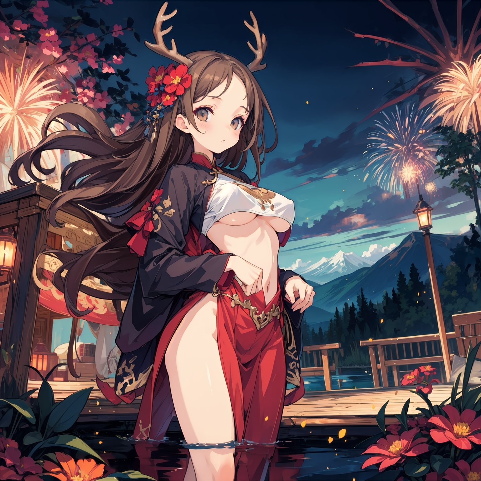 (masterpiece,4k, best quality,slim,thin,skinny), panorama,wide shot, partially submerged, deer ears, deer antlers,summer,lake,mountain,expressionless, brown hair,grey eyes, cowboy shot,very long hair,floating hair,reflection, covered nipples, bare hips,raised eyebrows, night,moon,strap slip,(hair flower),fireworks, hanabi,hands on own chest,breast suppress, big hair,parted bangs, forehead,underboob,midriff, navel,crop top overhang, china dress,(long sleeves, sleeves past waist), medium breasts,