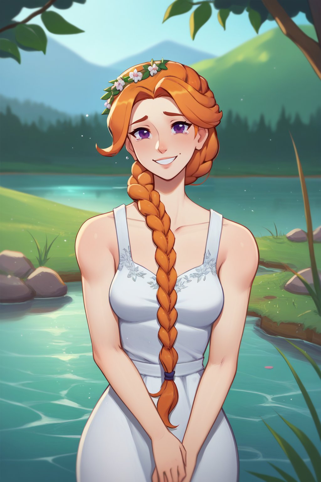 score_9, score_8_up, score_7_up, digital painting, 1girl, solo, <lora:NSLeahStardew:1> NSLeahStardew, orange hair, long hair, braid, braid in front, single braid, purple eyes, white dress, floral wreath, outdoors, river, looking at the viewer, smile, tears of joy, cowboy shot