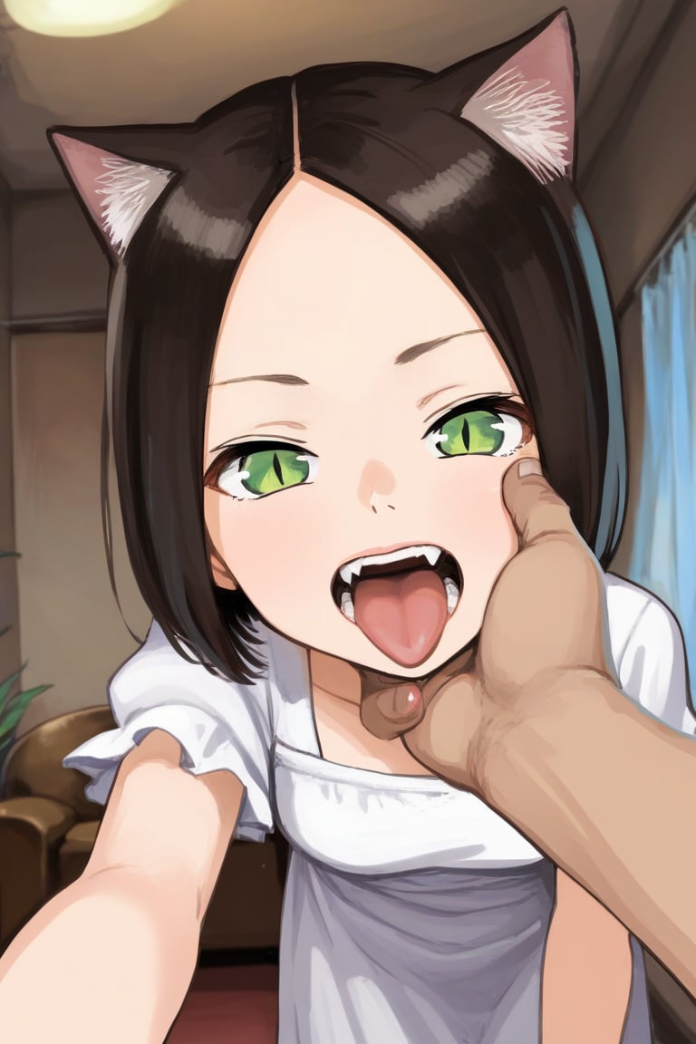 score_9, score_8_up, score_7_up, rating_safe BREAK1girl, brown hair, bob cut, cat ears, forehead, green eyes, slit pupils, white dress, pov, open mouth, hand on anothers chin, teeth inspection, tongue, (fangs:0.8), living room