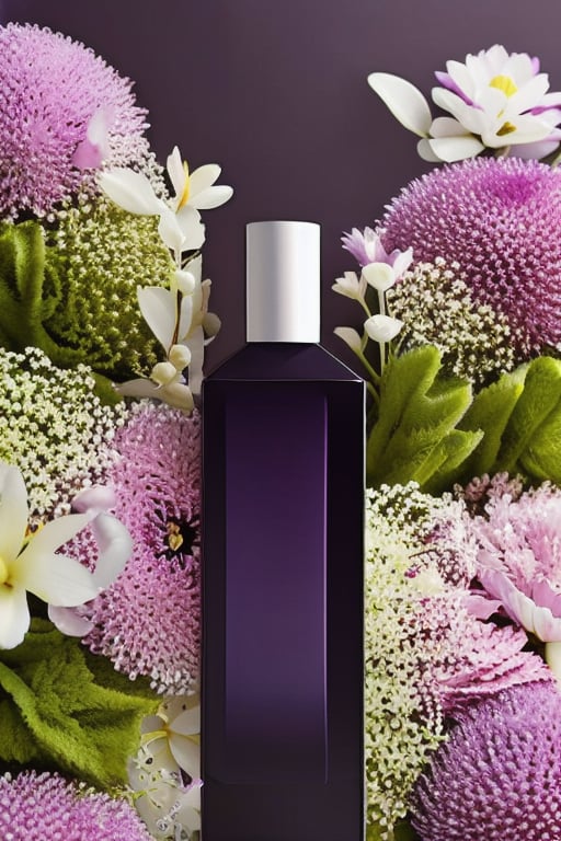 (masterpiece:1.33),(bestquality:1.33),(ultra-detailed:1.21),studio photography,(realistic:1.21),Product Photography,RAW photo,white flowers,purple flowers,leaves,(red flowers:0.8),volumetric lighting,Morning sunlight,square transparent glass bottle,film grain,<lora:MooMoo-Flower Cosmetic:1>,<lora:LCM-SD1.5:1>,