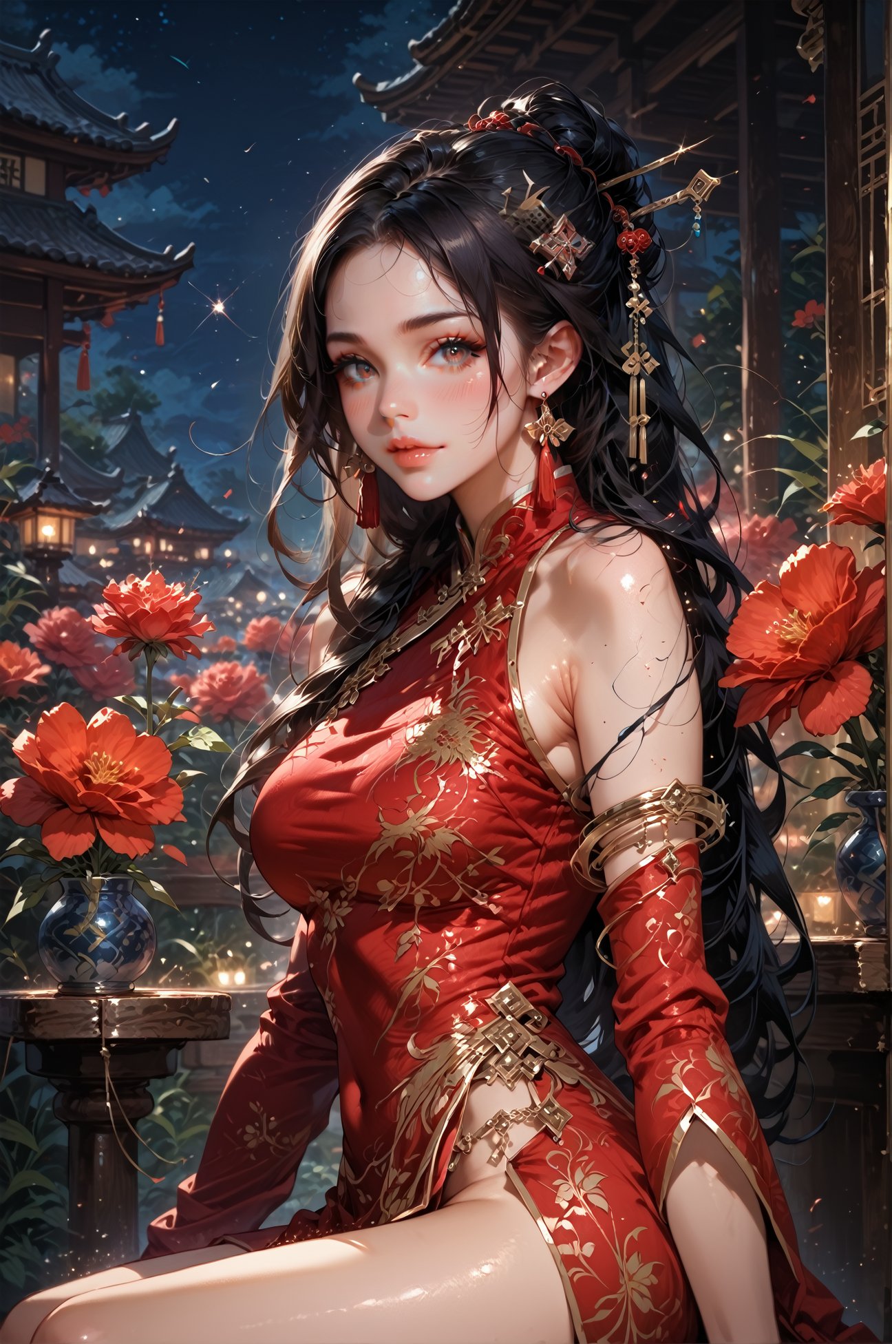 score_9, score_8_up, score_7_up, score_6_up, 1girl, voluptuous, red dress, hairpin, glitter, sparkles, black hair, streaked hair, seductive smile, red flowers, night, sitting, depth of field, long hair, earrings, hair pin, <lora:LOAwdl34pXL:1>,LOAwdl34pXL, qipao, armlet, long sleeves,<lora:sinfully_stylish_SDKL:0.5> <lora:Fant5yP0ny:0.6>, concept art, realistic, <lora:Expressive_H:0.5> Expressiveh 