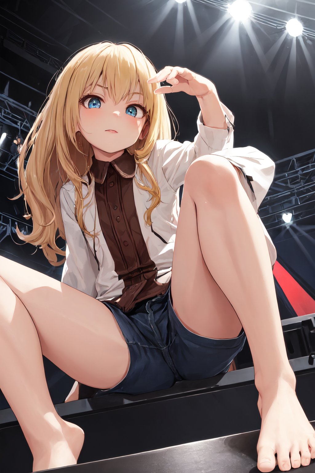 ((different clothes)), (Petite) , (random pose, posing to viewer), portrait photo of a blonde woman, wearing shorts, beautiful face, perfect eyes, brown hair, sitting on the stage, show legs, spread legs, bare feet, (low angle, shot from below),<lora:hinaMaybeBetterPose_v4:0.7>