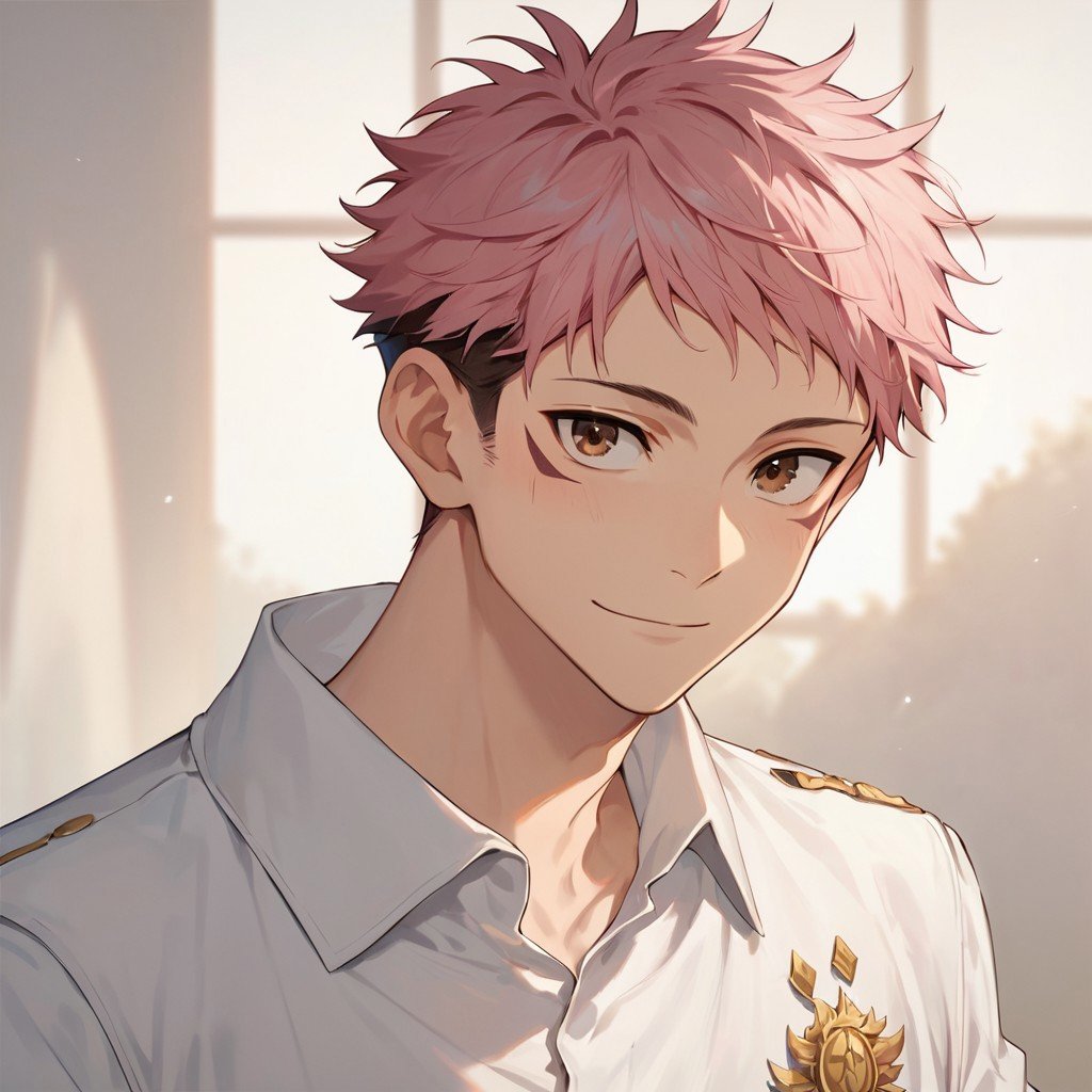 Score_9,score_8_up,score_7_up,Highly detailed, masterpiece, high quality, beautiful, high resolution, good details,1boy,solo,male focus,  jjk,  yuji itadori, pink hair, short hair, brown eyes, facial mark, light smile, perfect ilumination, skinny