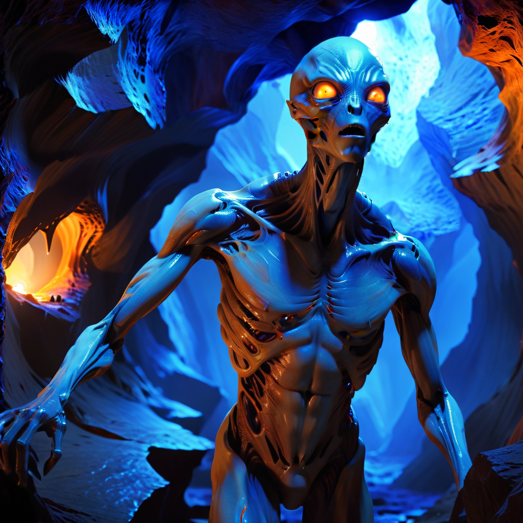 concept art caught,surprised,scarred,light-Blue-eyed humanoid dark alien creature stares at the camera,eyes are wide open,Surreal alien being in a dark cave,(dark-blue skin:1.5),(translucent skin:1.5),(orange:1.5) veins visible,raytracing,32k uhd, <lora:control-lora-openposeXL2-rank256:1> . digital artwork, illustrative, painterly, matte painting, highly detailed