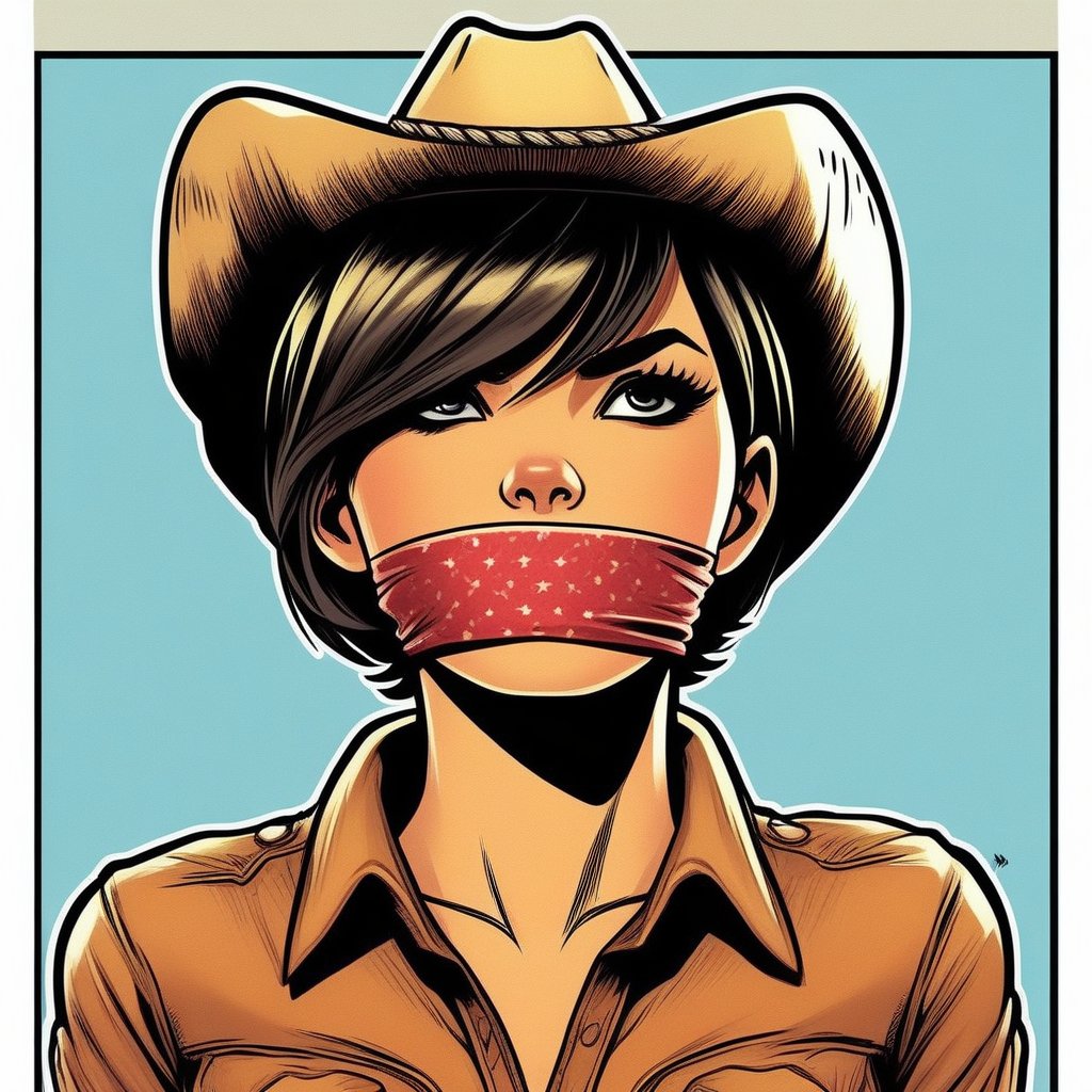 1girl, cowgirl, short hair, otm gag, view from side, portrait, comic