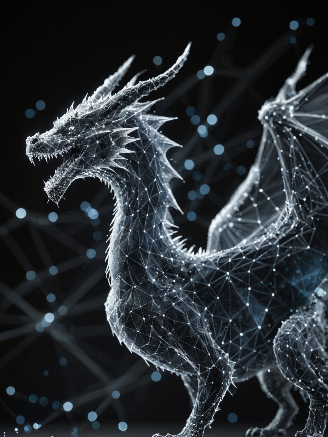 dataviz style, black and white network data visualization in the shape of a dragon,  masterpiece , hyper detailed, unreal engine, blue tones, stars <lora:dataviz_style_xl_v1:1>