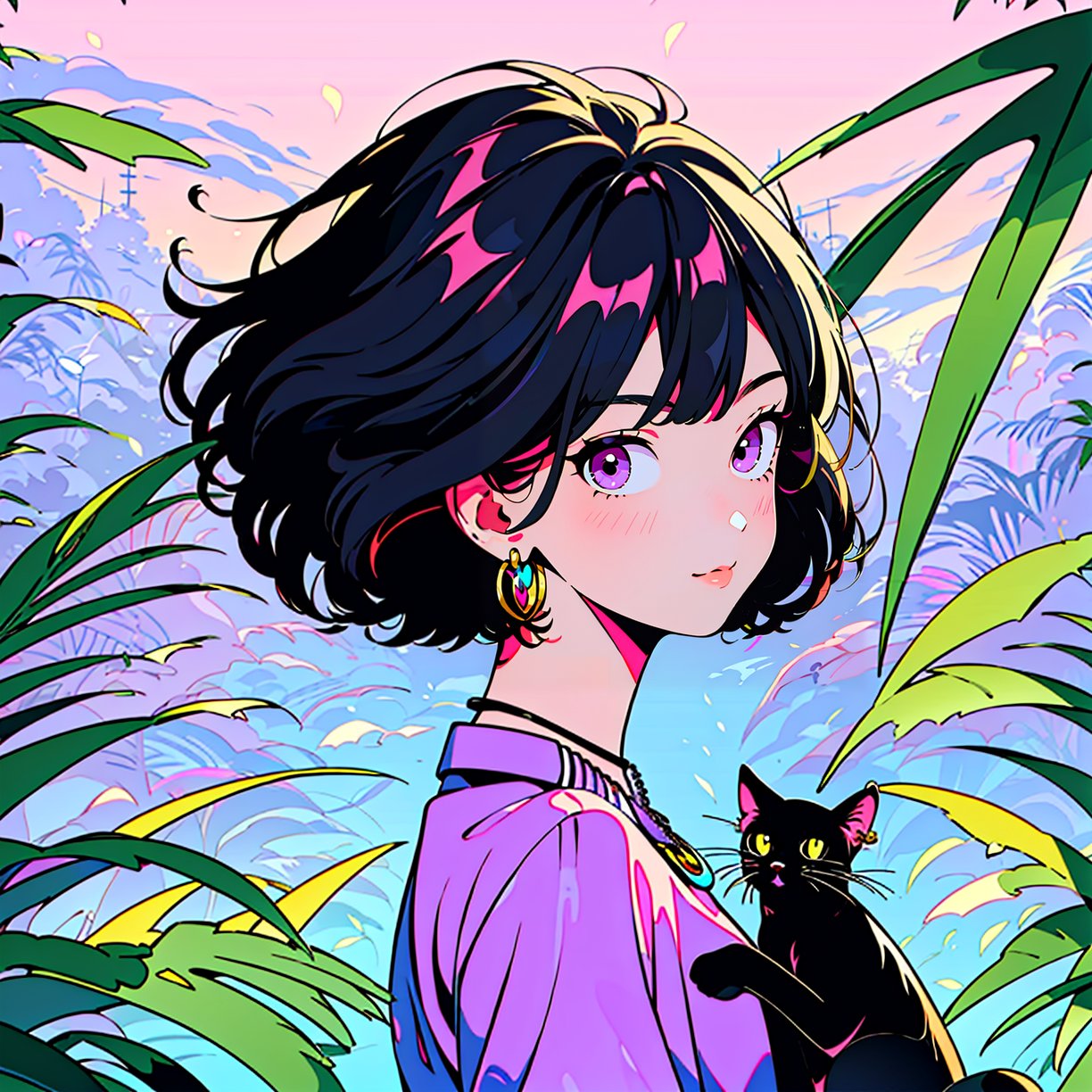 HTTP, 1girl, black hair, jewelry, purple eyes, earrings, cat, short hair, black cat, looking at viewer, solo, leaf, plant, purple shirt, necklace, shirt, bangs, purple background<lora:HTTP_20231211123040-000010:1>