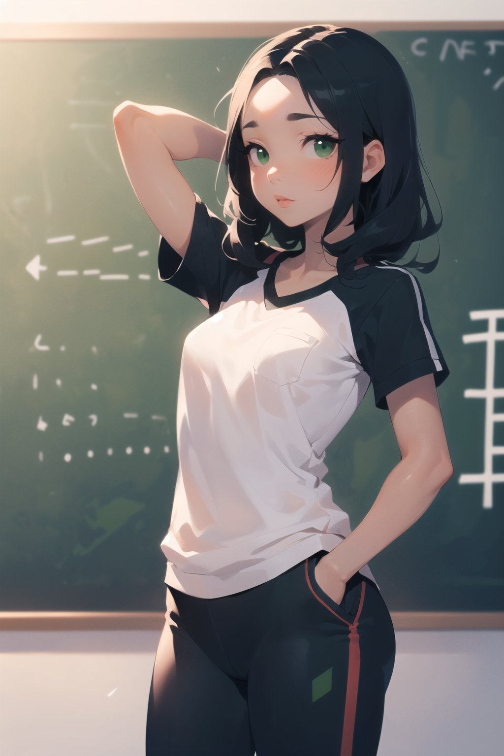 (One Arm Behind Head, One Hand In Pocket), BREAK    shoujo female looking afar, absurdly long white  forehead,        (completely black skin),      lovely medium small breasts,   black women's activewear, skin tight, Classroom With Summer Sunlight, Sketch Text On Green Chalkboard Background,    