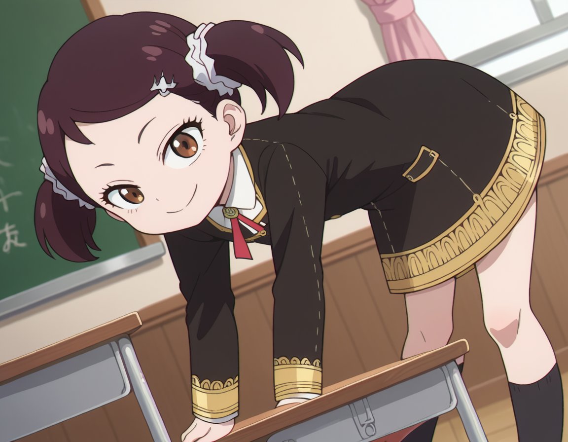 score_9, score_8_up, score_7_up, source_anime,beckyblackbell, <lora:becky-blackbell-s1-ponyxl-lora-nochekaiser:1>becky blackbell, black hair, hair ornament, twintails, hairclip, scrunchie, hair scrunchie, brown eyes,long sleeves, dress, school uniform, socks, black dress, eden academy school uniform,indoors, classroom, smile, bent over,looking at viewer, dutch angle, cowboy shot