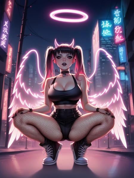 score_9, score_8_up, score_7_up, score_6_up, score_5_up,  source_anime,  <lora:n30nw1ngsXLP2:0.8> n30nw1ngs, neon light wings, wings, angel, cityscape, halo, pink, goth, twintails, horns, fishnet pantyhose, converse, curvy, large breasts, squatting, 