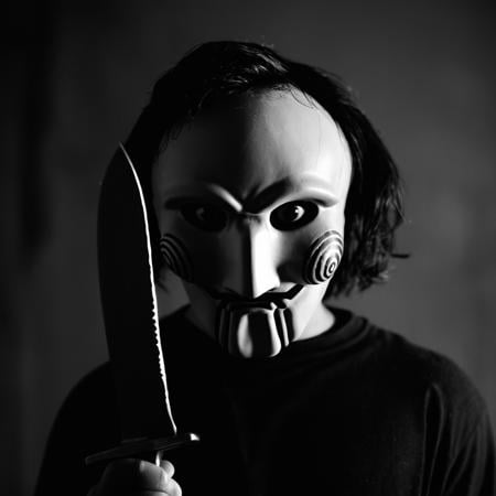 cinematic film still of  <lora:jigsaw style:1>Jigsaw a person in a mask holding a knife,solo,1boy,holding,monochrome,greyscale,male focus,mask,horror (theme) , detailed, detailed background, detailed scene, perfect, perfection, cinematic, filmic, Horror (themed), Jigsaw style, shallow depth of field, vignette, highly detailed, high budget, bokeh, cinemascope, moody, epic, gorgeous, film grain, grainy