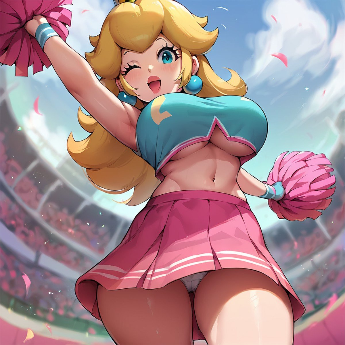 score_9, score_8_up, score_7_up,score_5_up, score_4_up (Source cartoon), (rating questionable), <lora:PrincessPeachXL:1>, princess peach cheering, wearing cheerleader uniform, outside, midriff exposed, panty shot, huge breasts, 