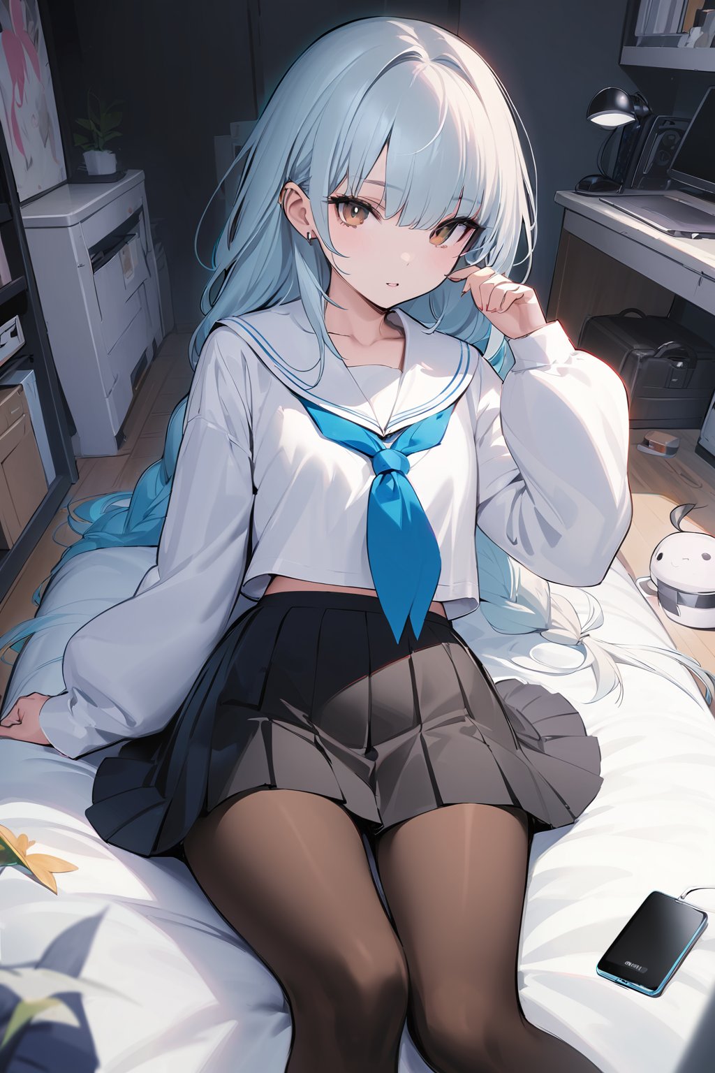 (masterpiece),(best quality), Artist kase daiki,chowbie_jue, bangs, black_bow, black_pantyhose, black_skirt, blurry, blurry_background, bow, braid, brown_eyes, grey_hair, hair_between_eyes, hair_bow, hand_up, highres, legs, long_hair, long_sleeves, looking_at_viewer, original, black background, pantyhose, pleated_skirt, puffy_long_sleeves, puffy_sleeves, sailor_collar, shirt, skirt, solo, standing, white_sailor_collar, white_shirt, solo, messy room, loaded interior, bedroom, (((otaku room))), (computer)wide shot, (lying on back:1.3), Herb Ritts, cowboy shot, fisheye,  <lora:20240708-1720452383844:0.6>,<lora:手部修复:0.6>