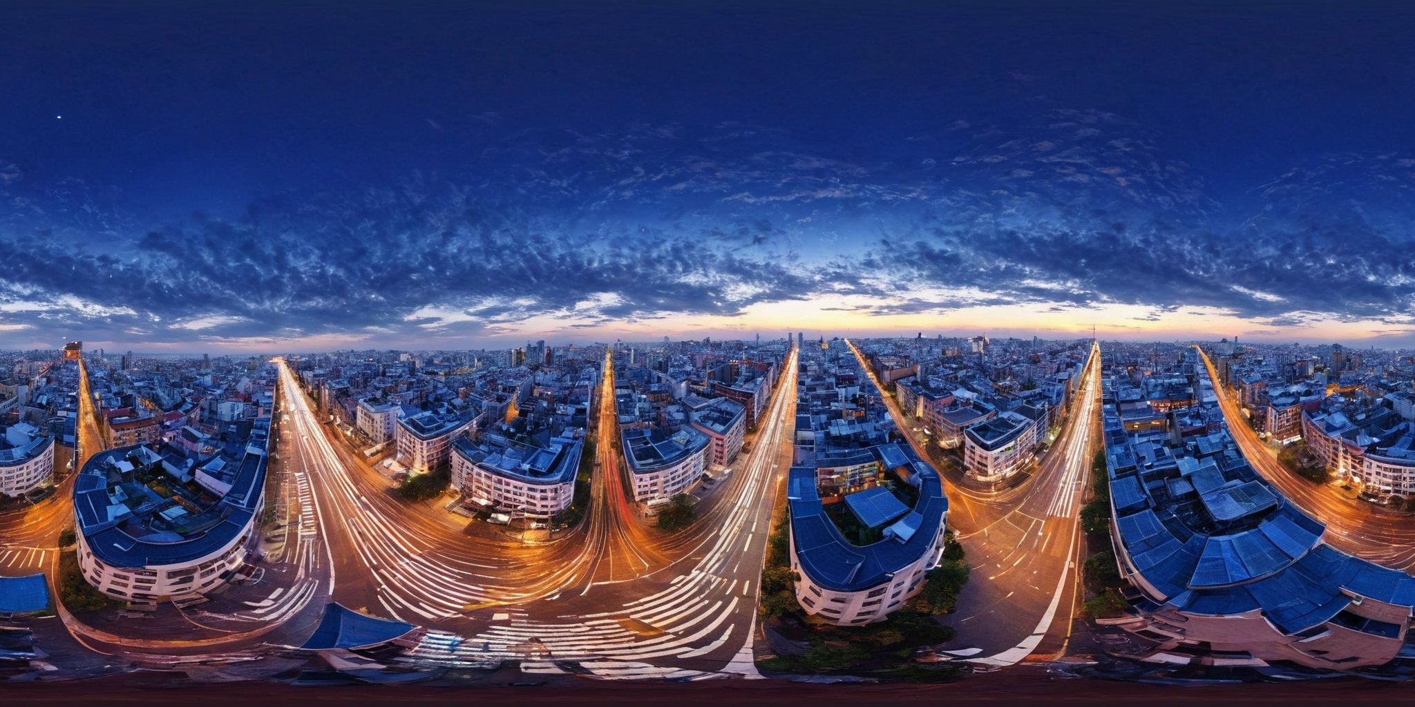 <lora:HMSG航拍全景XL:1>,360panorama,Centered Horizon,No seams,Panoramic aerial photography,<lora:光影XL:1>,Night descends on the city, transforming the urban landscape into a mesmerizing mosaic of lights. From a bird's-eye view, the city's architecture is illuminated in a kaleidoscope of colors, with skyscrapers standing tall, their windows aglow like countless stars scattered across the night sky. The streets are veins of light, pulsating with the rhythmic flow of nighttime traffic. This aerial perspective offers a glimpse into the city's vibrant life after dark, a testament to the unceasing pulse of urban existence. The scene is a captivating blend of human innovation and the timeless allure of the night