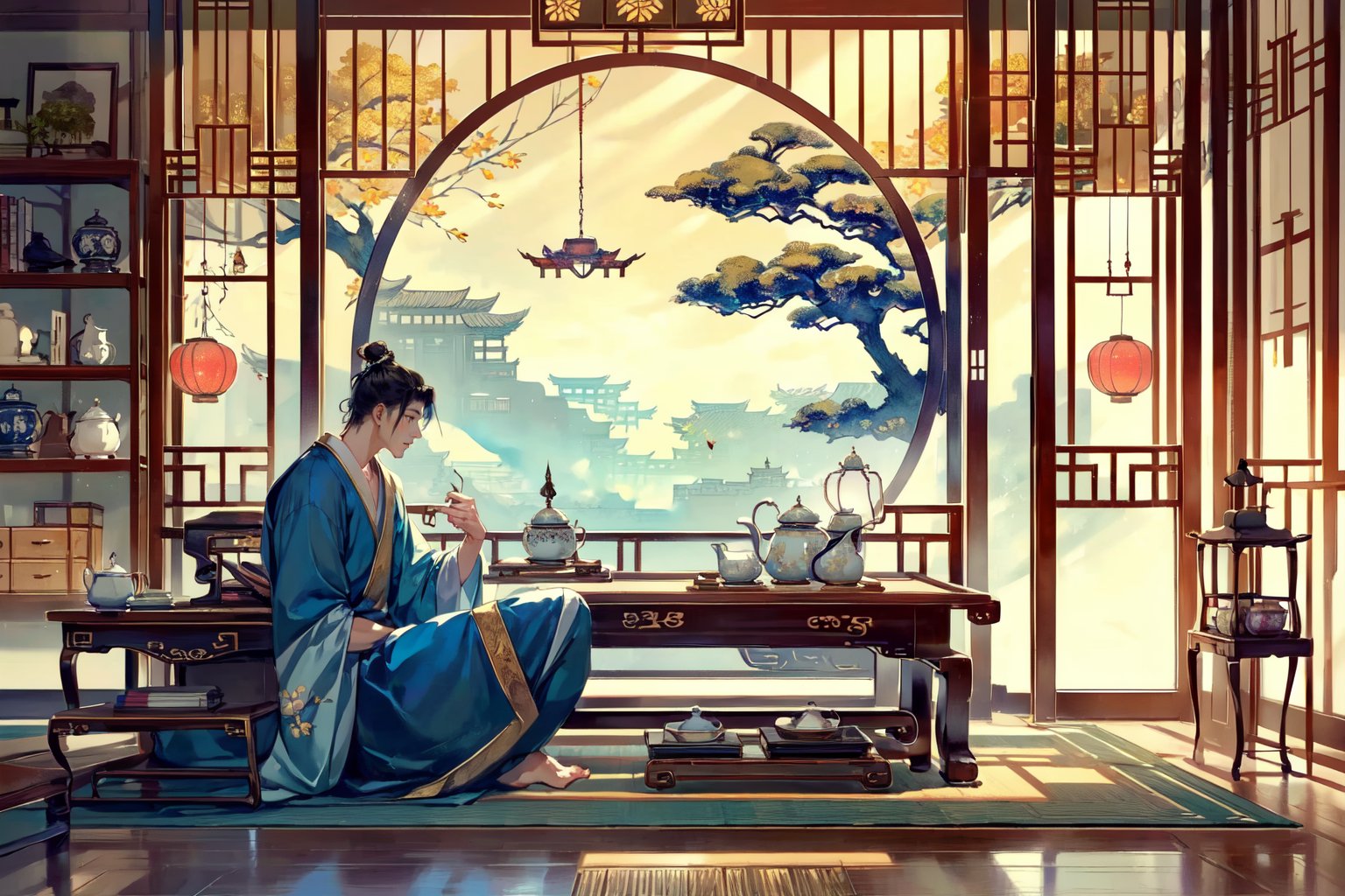 (masterpiece:1.2),best quality,PIXIV,Hanama wine,sitting,painting \(object\),single hair bun,indoors,hair bun,long sleeves,multiple boys,table,holding,robe,2boys,lattice,profile,ceiling,outstretched arm,eastern dragon,male focus,long hair,hair pulled back,black hair,looking at another,wide sleeves,on floor,food,half updo,arm support,teapot,cup,topknot,vase,dragon,updo,indian style,chinese clothes,cushion,east asian architecture,round window,bangs,book,from side,architecture,fruit,sliding doors,window,lantern,smoke,shelf,hair ornament,ponytail,scroll,<lora:Hanama wine V2-000018:0.8>,