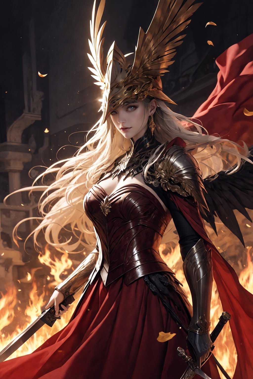 1girl，solo，jewelry，earrings，helmet，holding weapon，holding sword，Malenia in Elden Ring, dragon scale hat, in the style of epic fantasy scenes, gold and crimson,golden helmet,ritualistic masks with gold wings spread on it, mythical,Petals drift around her as her once-pristine form undergoes a graceful decay,glowing crimson eyes,in the underground cave with light shooting through the hole on the top,32k uhd,   painted by MichaelCTY(Chang Ting Yu),medieval knight armor,in the style of Dark SoulⅢ,painted by hamaya and macros,dark fantasy,majestic attire,captivating light,solarizing master,strong emotional impact,majestic figures，<lora:绪儿-女武神 winged helmet:0.8>