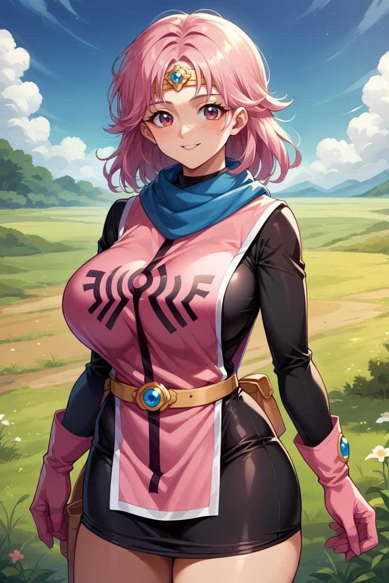 score_9, score_8_up, score_7_up, score_6_up, source_anime, BREAK 1girl, solo  <lora:dqmaam-pdxl-nvwls-v1-000005:1> priMaam, pink hair, medium hair, blue scarf, circlet, short dress, pink tabard, black sleeves, belt, gloves, big breasts, blue sky, field, looking at you, happy