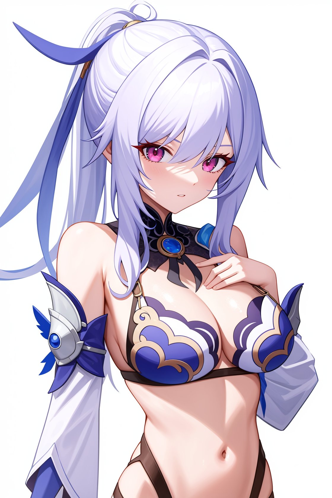 <lora:镜流v4:1:lbw=char>,jingliu,1girl,solo,bangs,bare shoulders,high quality,detached sleeves,cleavage,ponytail,bikini, (masterpiece,best quality:1.2),absurdres, high quality,