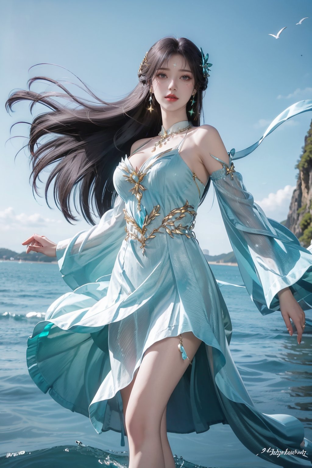 ((4k,masterpiece,best quality)),professional camera,8k photos,wallpaper,1girl,solo,long hair,black hair,(dress:1.3),bare shoulders,jewelry,eyes,earrings,outdoors,sky,sparkle_water,necklace,dress,lips,sparkle,night,floating hair,wind,red lips,Seaside,sea,blue water,glowing water,rippling water,yuechan,purple hair,