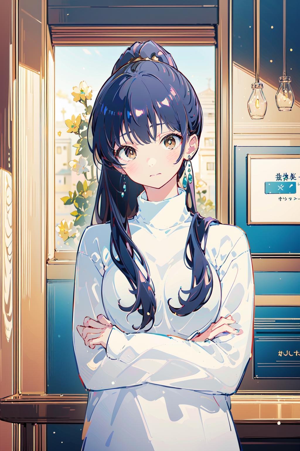 (masterpiece:1.2),best quality,PIXIV,Anna yamada,1girl,solo,jewelry,earrings,looking at viewer,crossed arms,long hair,ponytail,blush,long sleeves,black hair,breasts,white sweater,bangs,sweater,brown eyes,upper body,large breasts,closed mouth,indoors,turtleneck,blue hair,high ponytail,<lora:Anna yamada-000016:1>,