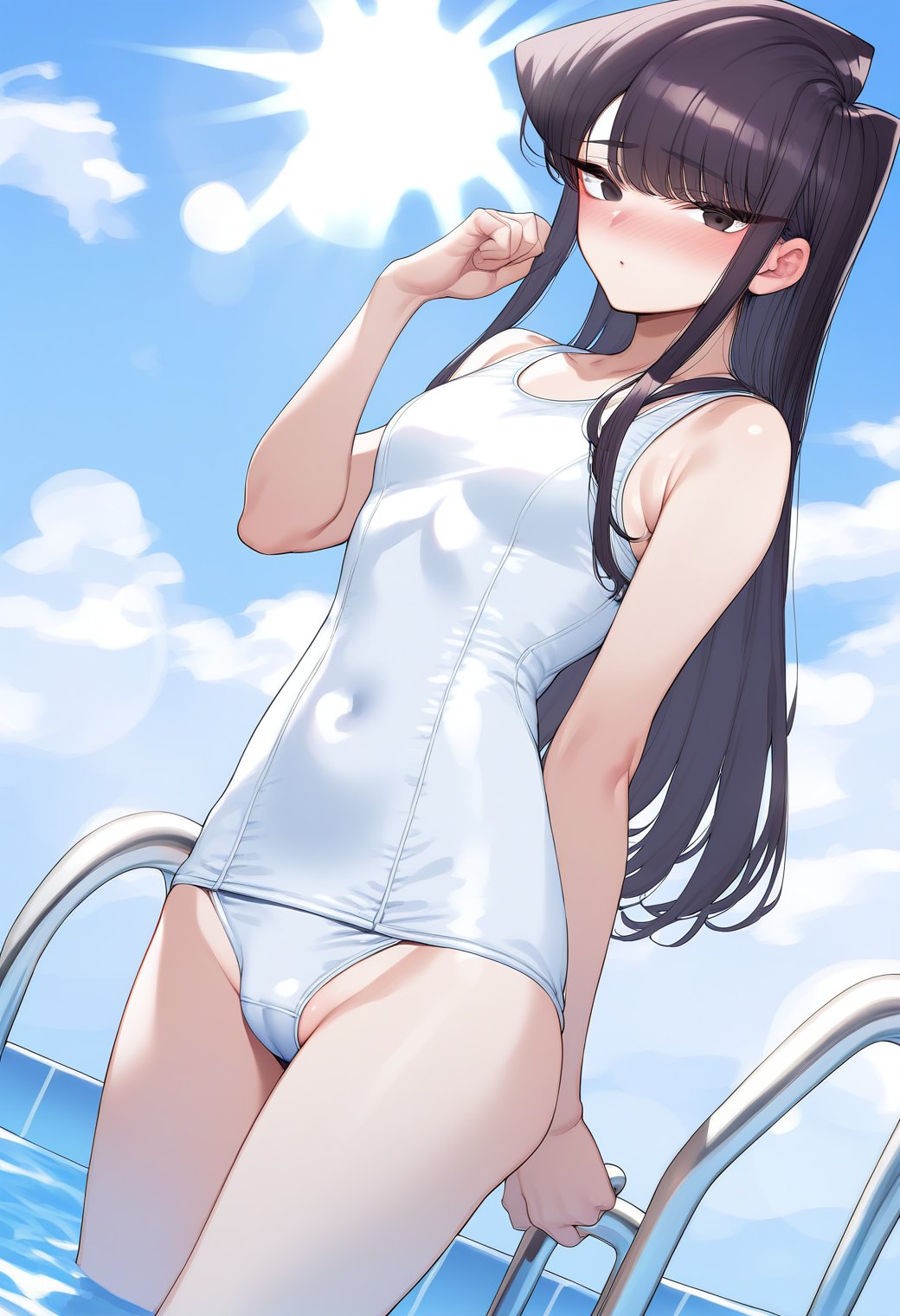 1girl,  cowboy shot, (pool:1.4), (sky:1.4),  (sunlight:1.4),  nose blush, looking at viewer, komi_shouko, black eyes, black hair, long hair, school swimsuit, white swimsuit, <lora:komi_shouko_pony_ver1:0.7>, score_9, score_8_up, score_7_up, BREAK source_anime, rating_explicit, best quality, masterpiece, uncensored,