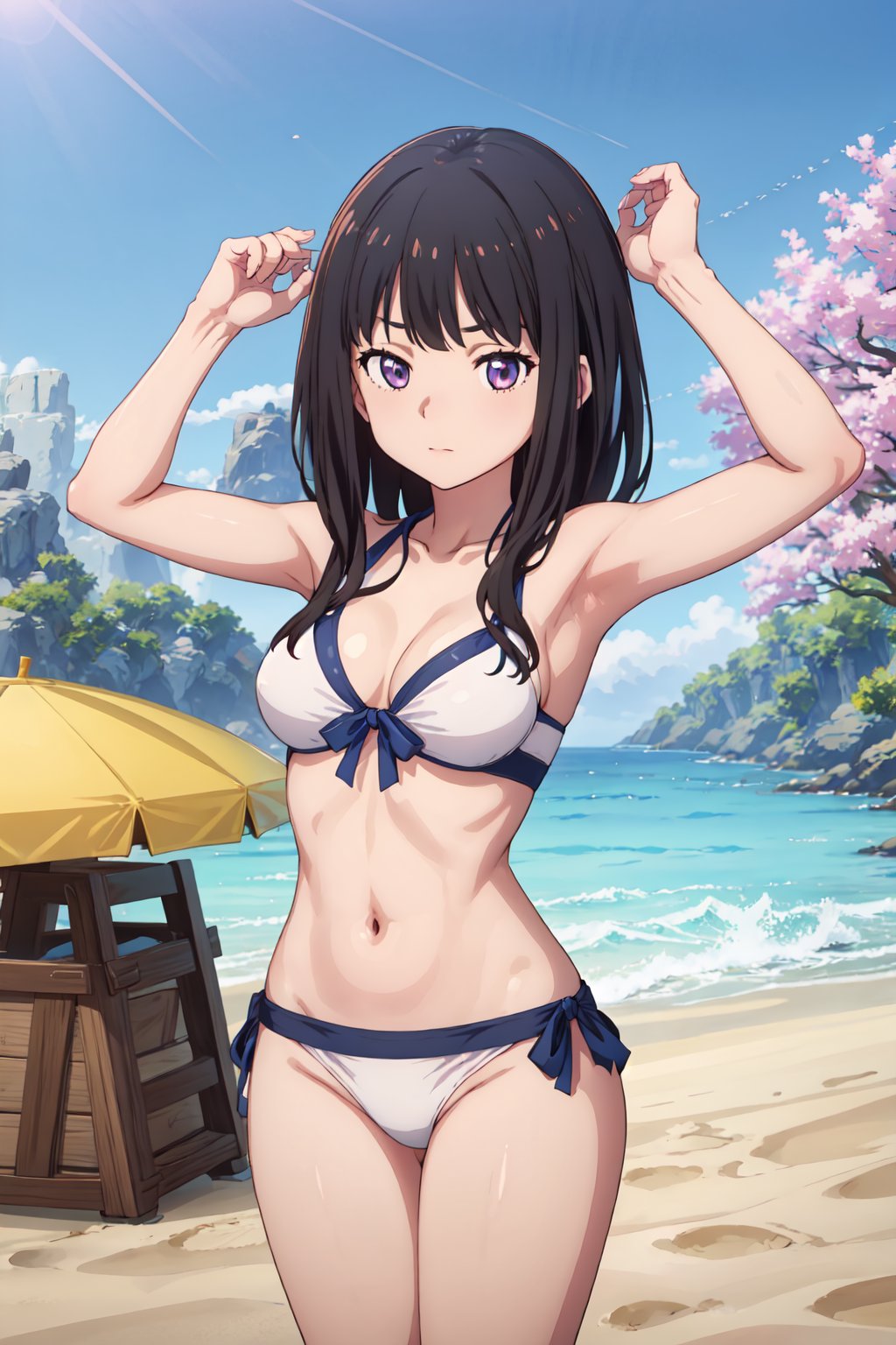 takina, 4k, absurd, high resolution, very high resolution, high definition, masterpiece, upper body, (bikini: 1.2), beach, v-arms<lora:EMS-361546-EMS:0.600000>