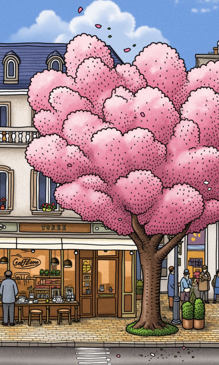 In the style of watercolor painting, there is a coffee shop in the style of European architecture on the street. In front of the shop, there are several cherry trees in full bloom. The thick crown of the tree covers the top of the shop, and the petals fall with the wind.Warm sunshine