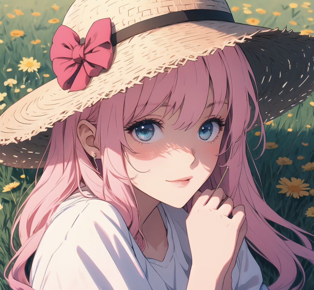 1girl,long pink hair,white clothes,homewear,girlband,8k,high definition,jorouyome-chan,fair_skin,perfect face,suneate,straw_hat,in a meadow,light and shadow,