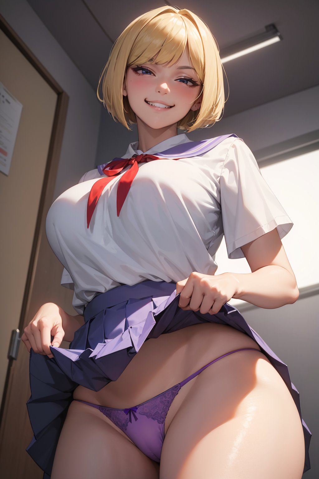 ((masterpiece)), ((best quality)), absurdres, 8k, soft lighting, beautiful lighting,Portrait of a female with huge breasts and blonde bobcut and white blouse blue pleated skirt ((school uniform)) ((skirt lift)) visible (purple thong:1.2) looking at viewer (smug grin:1.4) (from below:1.5) (red ribbon) in school hallway