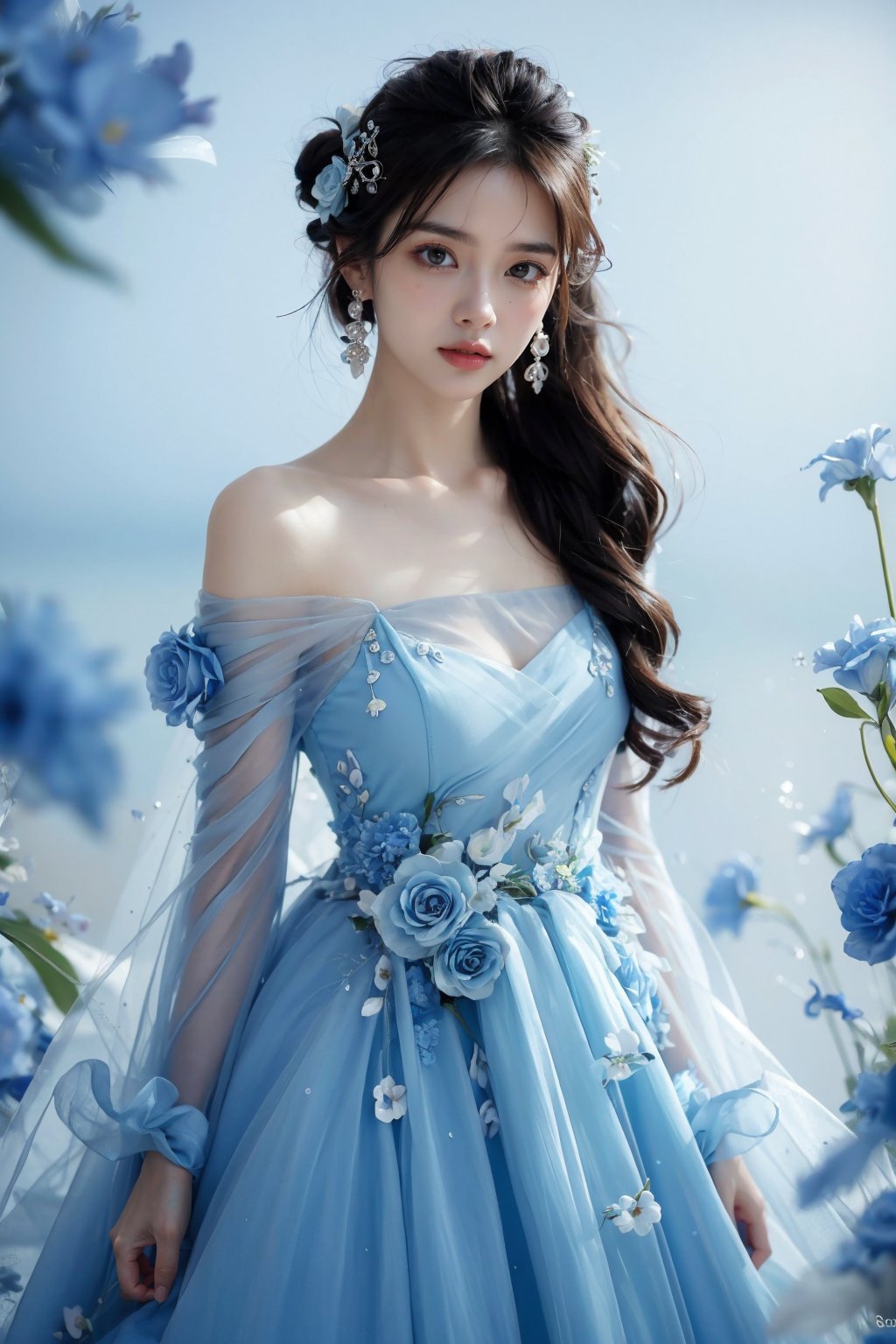 photorealistic,realistic,photography,masterpiece,best quality,ultra-detailed,extremely detailed CG unity 8k wallpaper,(reality: 1.4),1girl,solo, standing,black hair,long hair,hair ornament,looking at viewer,solo,solo,looking at viewer,brown hair,black hair,hair ornament,dress,bare shoulders,jewelry,collarbone,flower,earrings,hair flower,hair bun,blurry,blue flower dress, <lora:JAY - BLUE FLOWER DRESS:0.8>, (best quality:1.3)