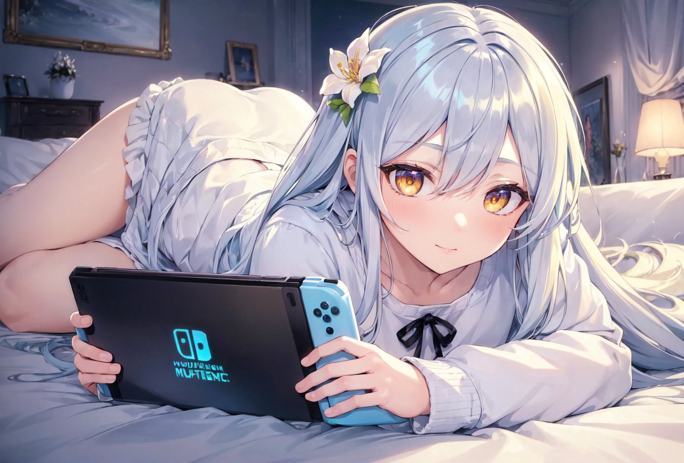 (bloom, best quality, masterpiece:1.4), ultra high res, amazing, (2d:1.48),  illustration, (extreme detailed), extreme detailed background, white hair, <lora:gamer1-000005:1>, blue hair, yellow eyes, holding, holding handheld game console, nintendo switch, bottomless, indoors, on bed, simple background, emotionless sex, distracted, soft lighting, detailed lighting, one closed eye, happy face