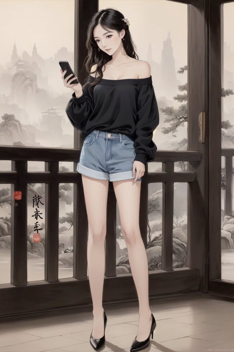 ((HRD, HUD, 8K)),((masterpiece, best quality)), highly detailed, soft light,InkAndWash, 1girl, solo, off-shoulder sweater, denim shorts, high heels, phone, cellphone, long hair, holding phone, smartphone, holding, standing, full body, chinese text,  <lora:20240415-1713175931242:0.8>