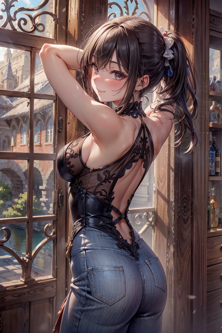 mature female,Blushing face with a shy smile,A woman standing with her back to a window, arms raised above her head, looking outside.,, 8k,best quality,masterpiece,rule of thirds,superb,high resolution,sharp focus,extremely detailed description,professional,gorgeous and intricate details,