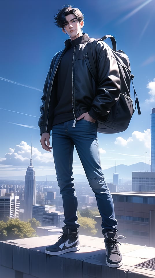 (best quality), ((masterpiece)), (highres), illustration, original, extremely detailed,dbj, solo, pants, 1boy, male focus, full body, jacket, black hair, standing, sky, shoes, black shirt, black footwear, shirt, black pants, bag, hand in pocket, black jacket, outdoors, cloud, closed mouth, day, long sleeves, black eyes, short hair, smile, backpack, looking at viewer, building, blue sky, zipper, city, sneakers, open clothes, open jacket, cityscape