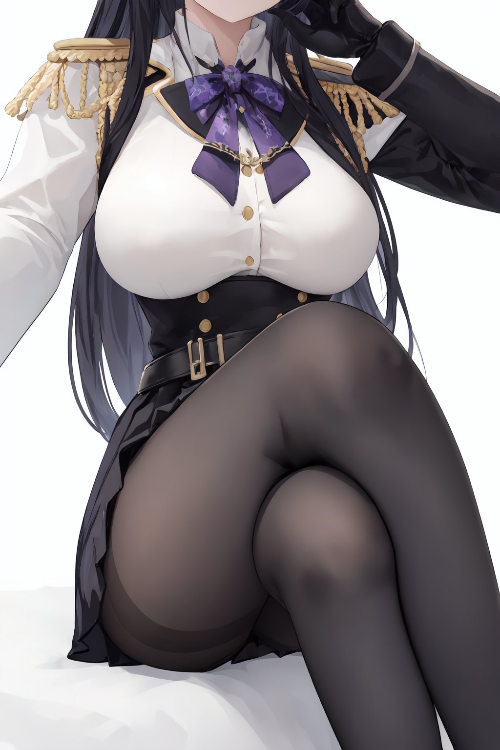 1girl,long hair,black hair,black skirt,black pantyhose,purple eyes,bangs,black gloves,hair ornament,epaulettes,white jacket,belt,miniskirt,pleated skirt,<lora:黑神月咏:0.5>,from_below,close-up,upshorts,selfie,crossed legs,hand on own knee,looking_up,No shoes,soles of feet,lower_body,foot focusdynamic angle,