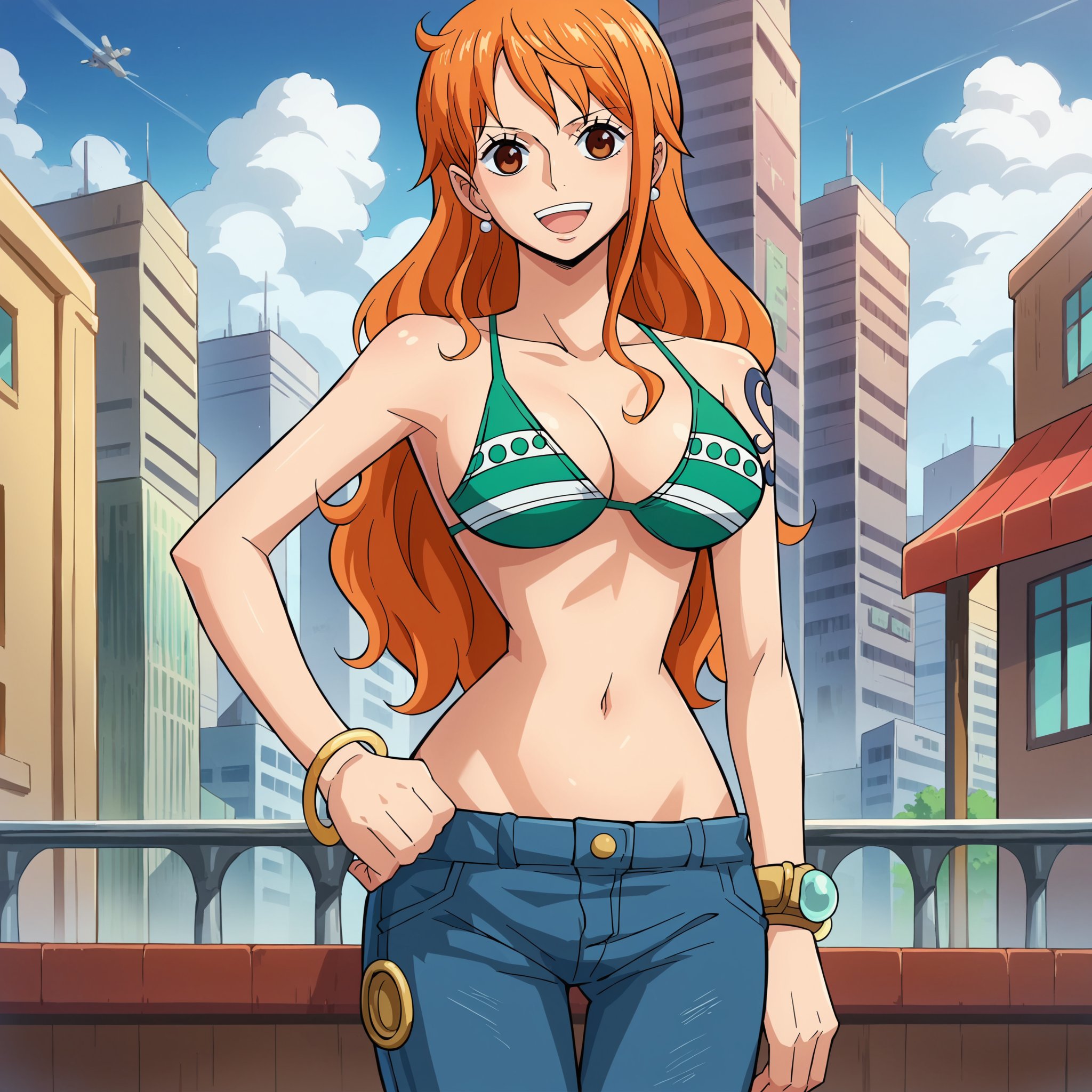 score_9, score_8_up, score_7_up, score_6_up, score_5_up, score_4_up, BREAK source_anime,city,outdoor,smile,standing,put hands on hips,<lora:Nami_Post_V1:1>nami_post, orange hair, long hair, wavy hair, side locks, brown eyes, large breasts, shoulder tattoo,bikini, green bikini, bikini top only, denim, jeans, groin, bracelet, bangle