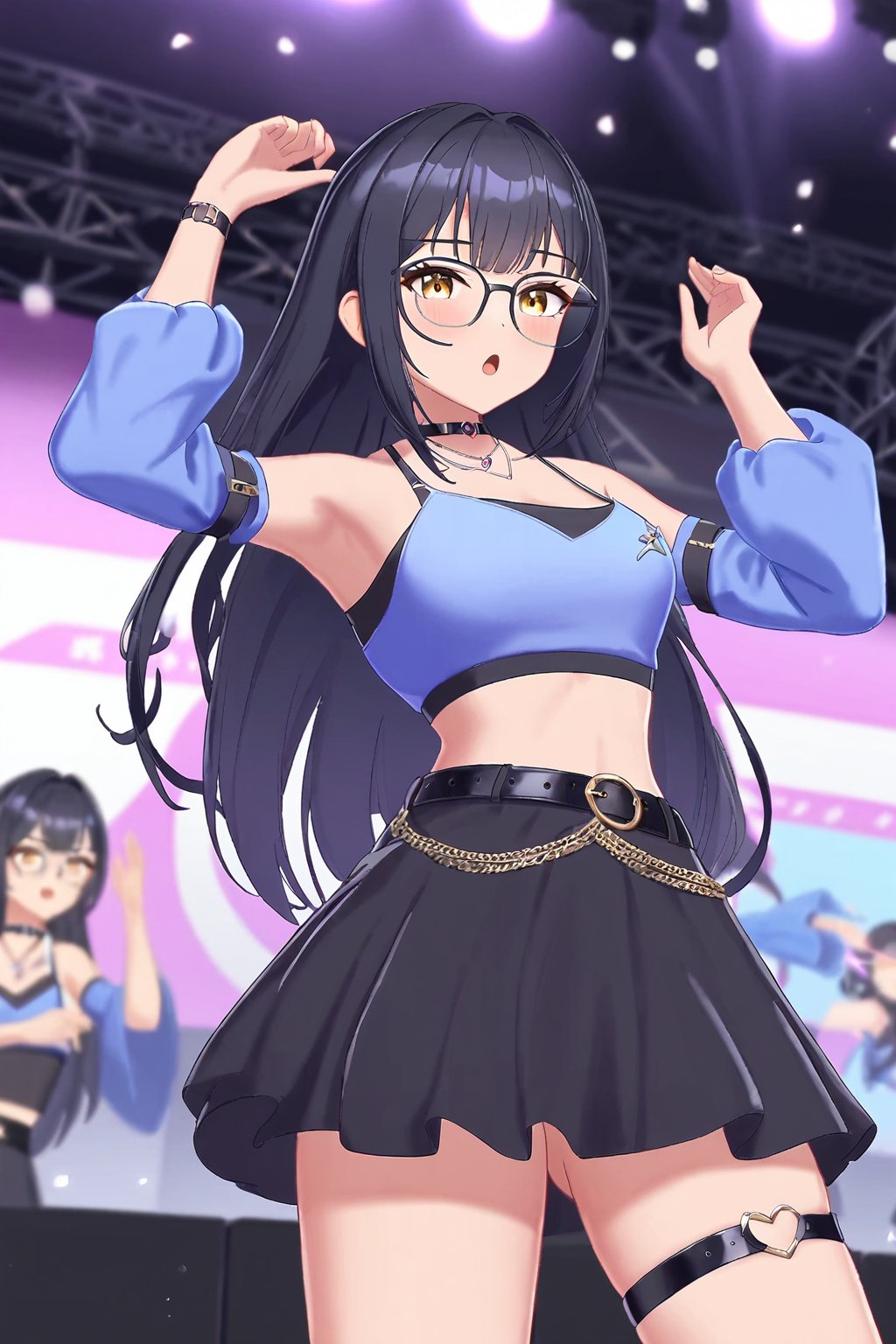 sinuo,1girl,long hair,black skirt,glasses,black hair,choker,thigh strap,looking at viewer,necklace,belt,detached sleeves,black choker,jewelry,yellow eyes,blue crop top,,stage,stage lights,birds,blurry background,blurry foreground,open clothes,from below,dancing,hands up,:o,<lora:zhijiang-sinuo-000004:0.5>,