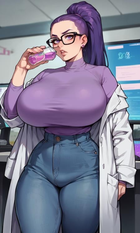 score_9, score_8_up, score_7_up, score_6_up, ,curvy, thick thighs, wide hips, gigantic breasts, narrow waist, A gorgeous woman: long purple ponytail, purple eyes, with glasses, wearing jeans a purple shirt, and a white lab coat, with futuristic tech around, curious expression, inquisitive face, holding a steaming flask, laboratory background, various computer screen in the background, stoic, serious features <lora:PulenKompot-Voluptuous-SDXL:0.8> voluptuous