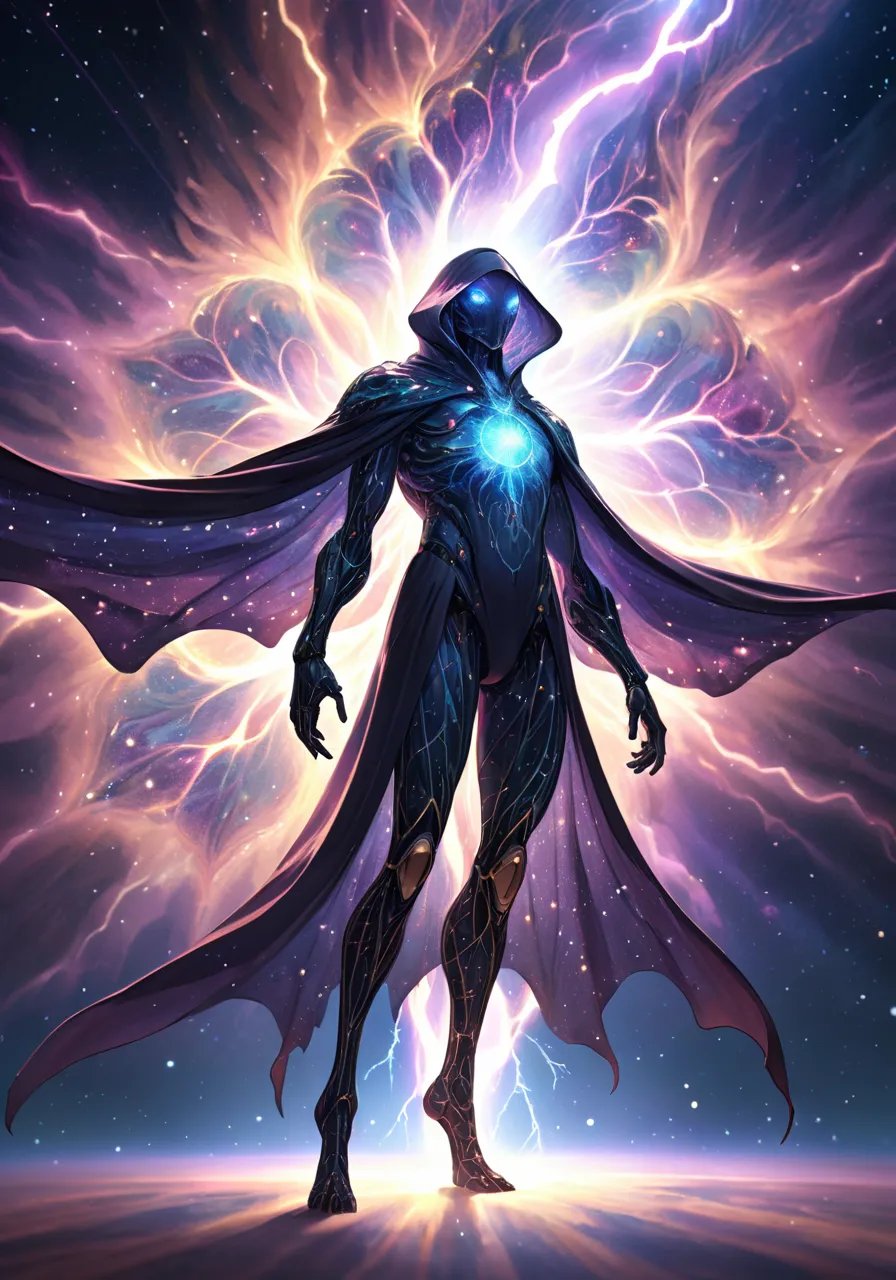 hires,best quality,A digital illustration of a stunning, transparent cloak-like creature, with intricate patterns resembling a stained glass nebula, as it weaves through space with its countless legs crackling with cosmic lightning.