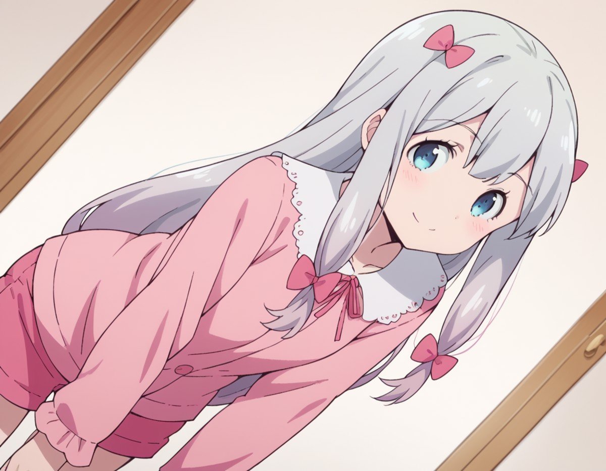 score_9, score_8_up, score_7_up, source_anime,sagiriizumi, <lora:sagiri-izumi-s1-ponyxl-lora-nochekaiser:1>,sagiri izumi, long hair, blue eyes, bow, hair bow, grey hair, pink bow,ribbon, shorts, pink shirt, pajamas, pink shorts,indoors, bent over, smile,solo, looking at viewer, cowboy shot, dutch angle,