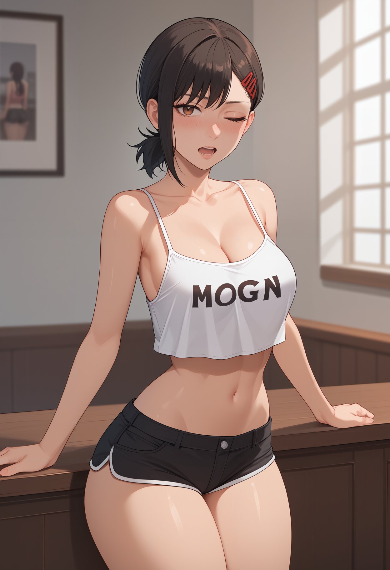 score_9, score_8_up, score_7_up,higashiyama kobeni, chainsaw man, 1girl, ass, bare arms, bare shoulders, black hair, black shorts, blush, breasts, brown eyes, camisole, cleavage, clothes writing, collarbone, crop top, long hair, looking at viewer, low ponytail, medium breasts, midriff,  navel, nose blush, one eye closed, open mouth, short shorts, shorts, simple background, spaghetti strap, stomach, thick thighs, thighs, underbutt, white background