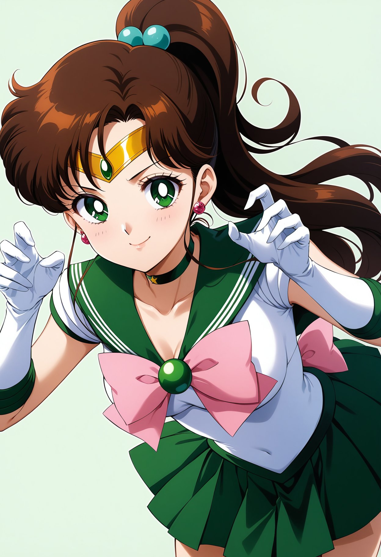 (masterpiece, best quality, very aesthetic, ultra detailed), intricate details, 4k, aajupiter, long hair, brown hair, ponytail, hair bobbles, tiara, earrings, green eyes, green choker, green sailor collar, pink bowtie, white shirt, elbow gloves, white gloves, green skirt, pleated skirt, <lora:sailor_jupiter_animaginexl_v2:0.9>, smile, claw pose, leaning forward, simple background, upper body,